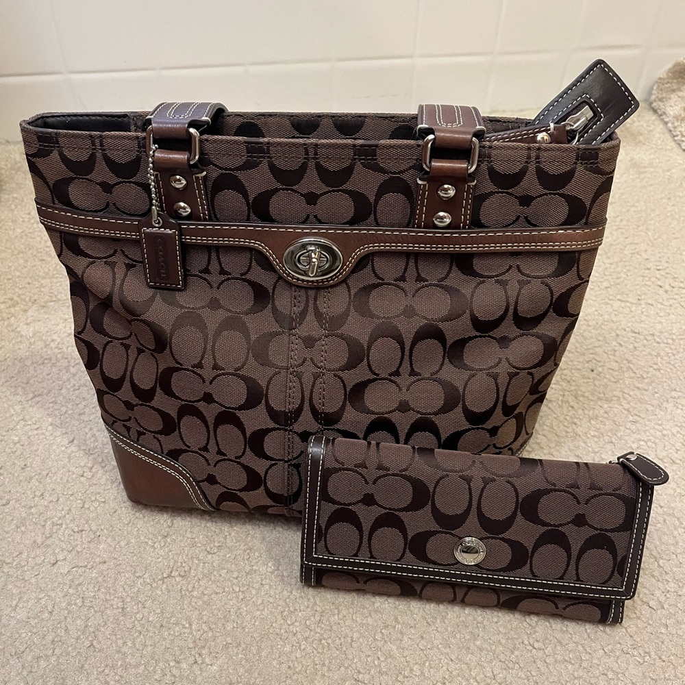 Coach Brown Monogram Tote with Leather Accents